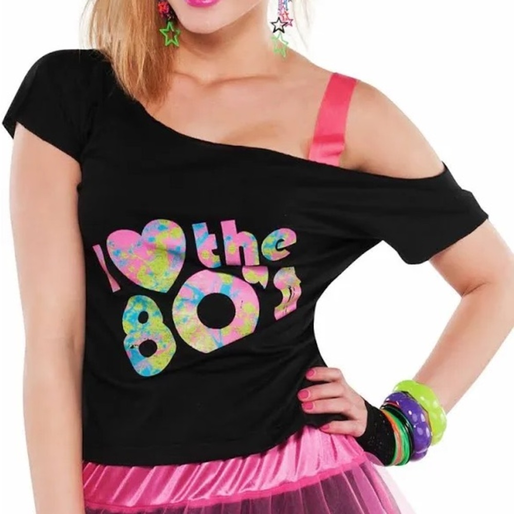 Black off the shoulder "I <3 the 80s" crop top